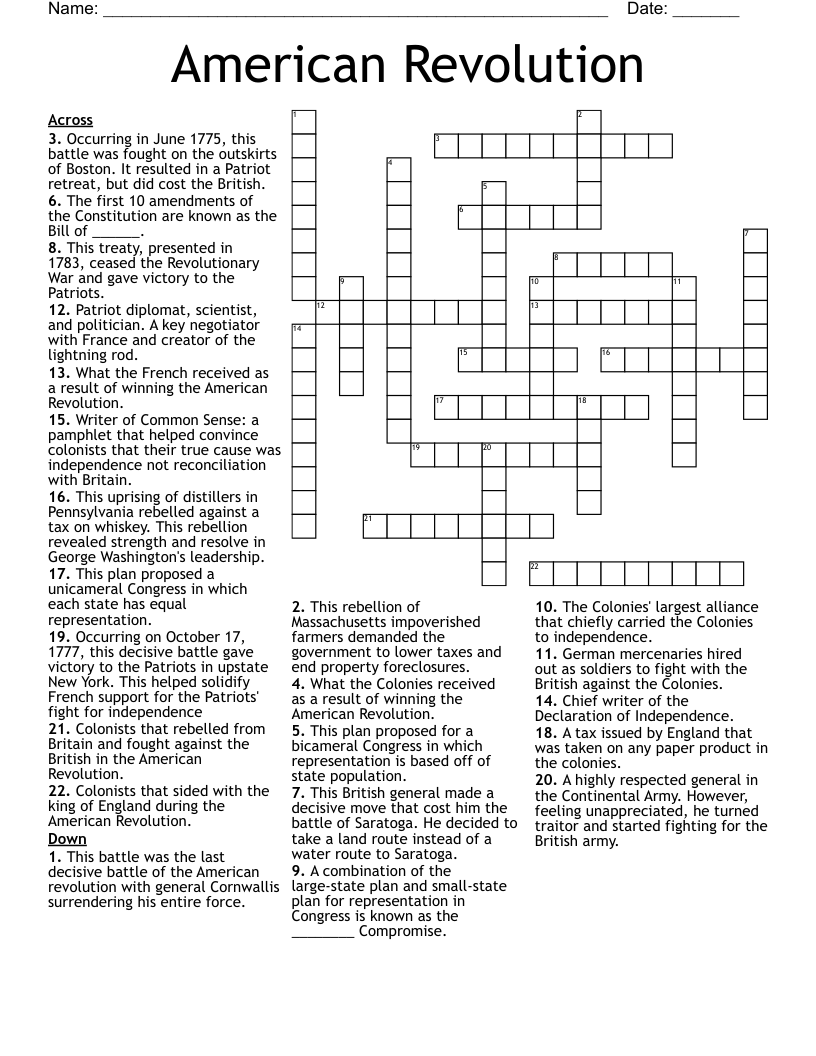 American Revolution Crossword