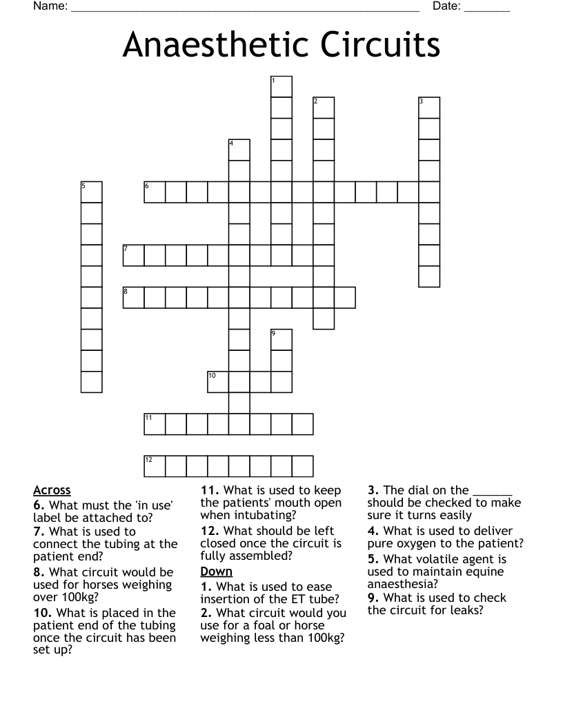 Anaesthetic Circuits Crossword