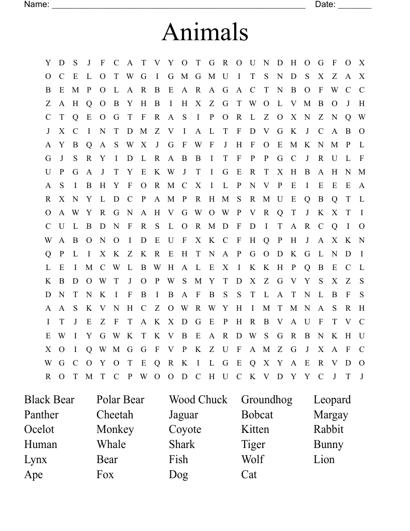 Animals  Word Search