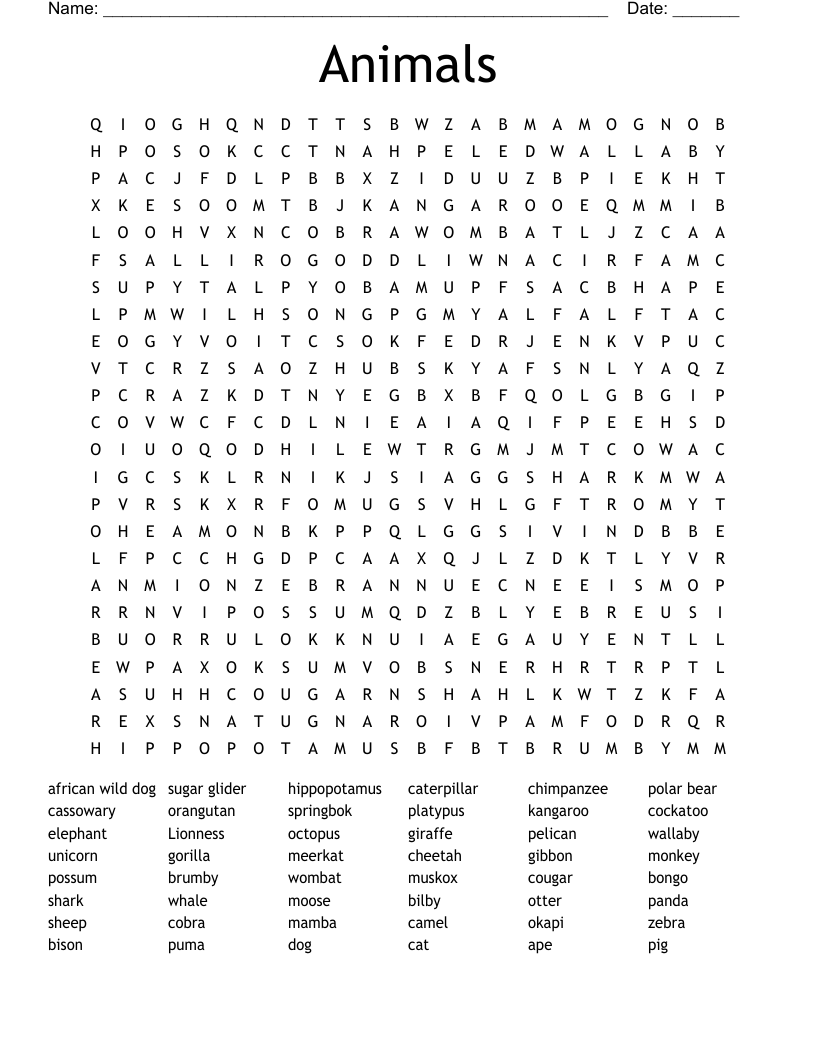 Animals Word Search