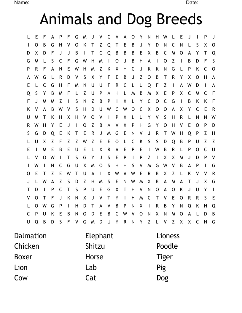 Animals and Dog Breeds Word Search