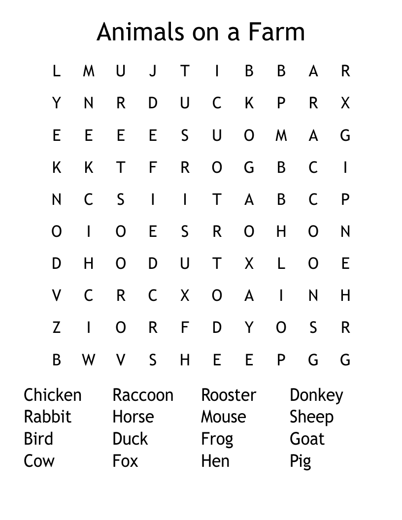 Animals on a Farm Word Search