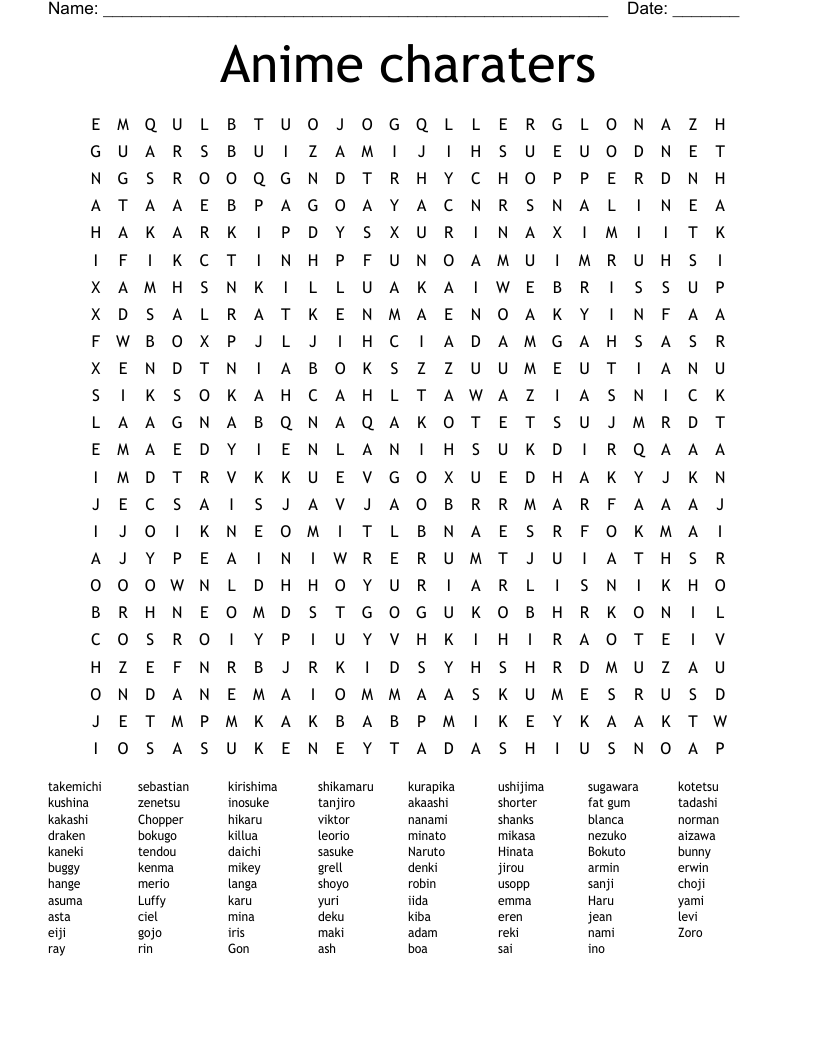 Anime charaters Word Search