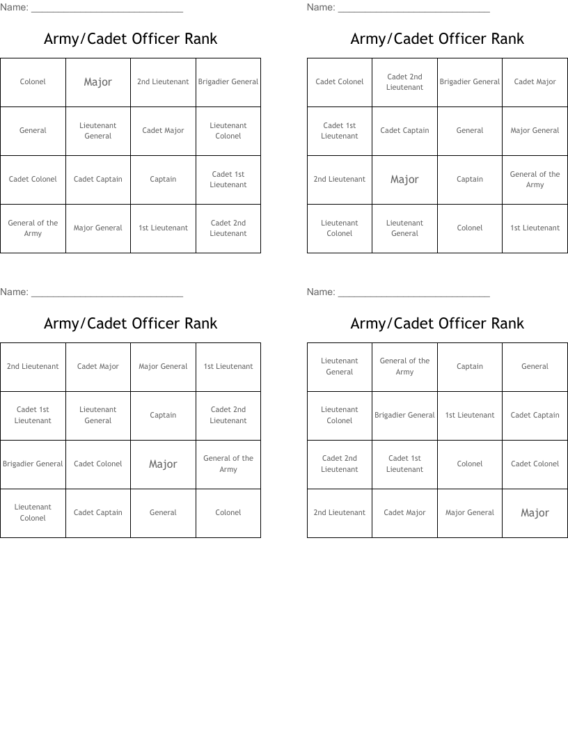 Army/Cadet Officer Rank Bingo Cards