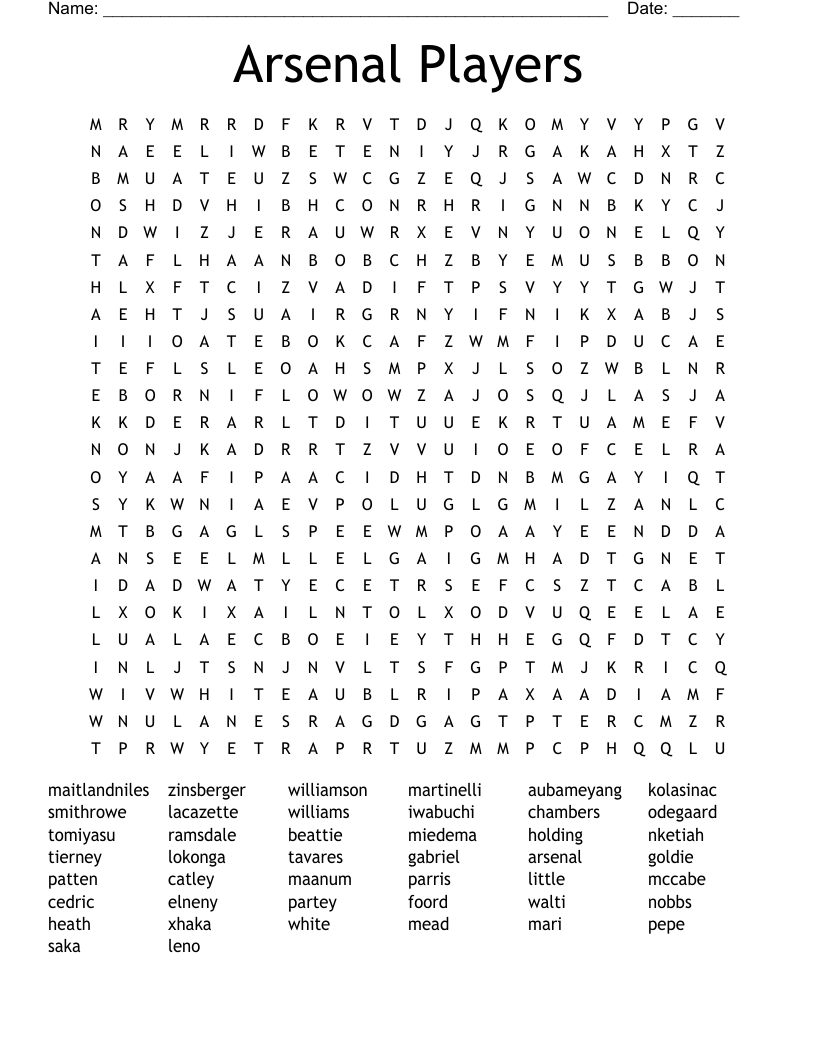 Arsenal Players  Word Search