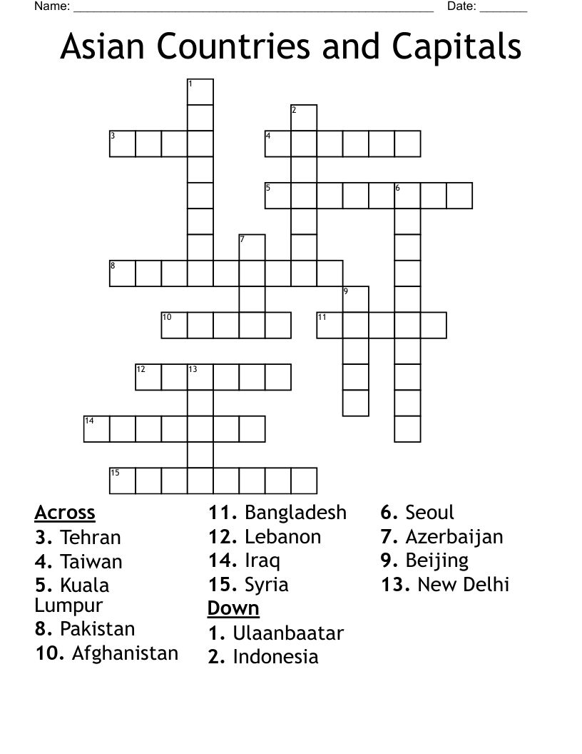 Asian Countries and Capitals Crossword