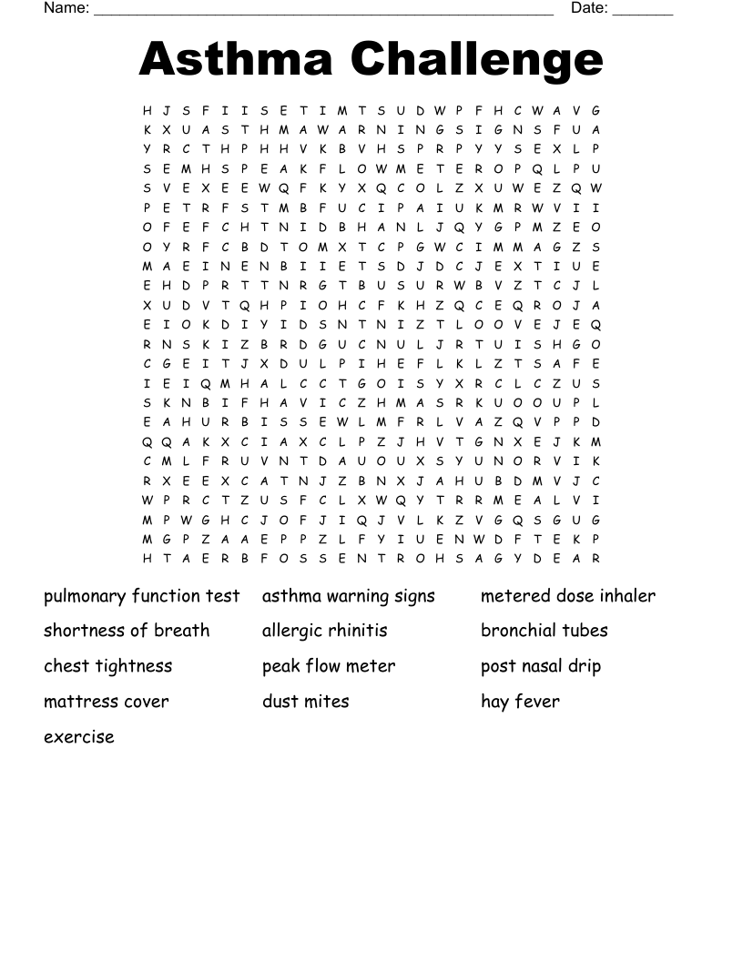 Asthma Challenge Word Search