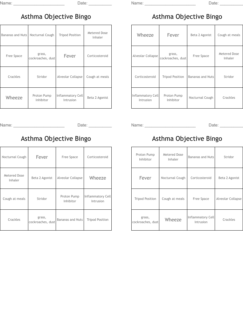 Asthma Objective Bingo