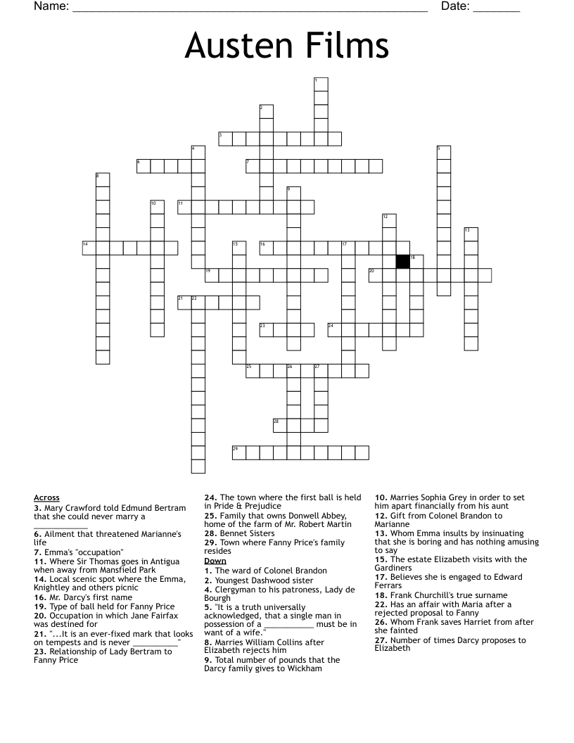 Austen Films Crossword