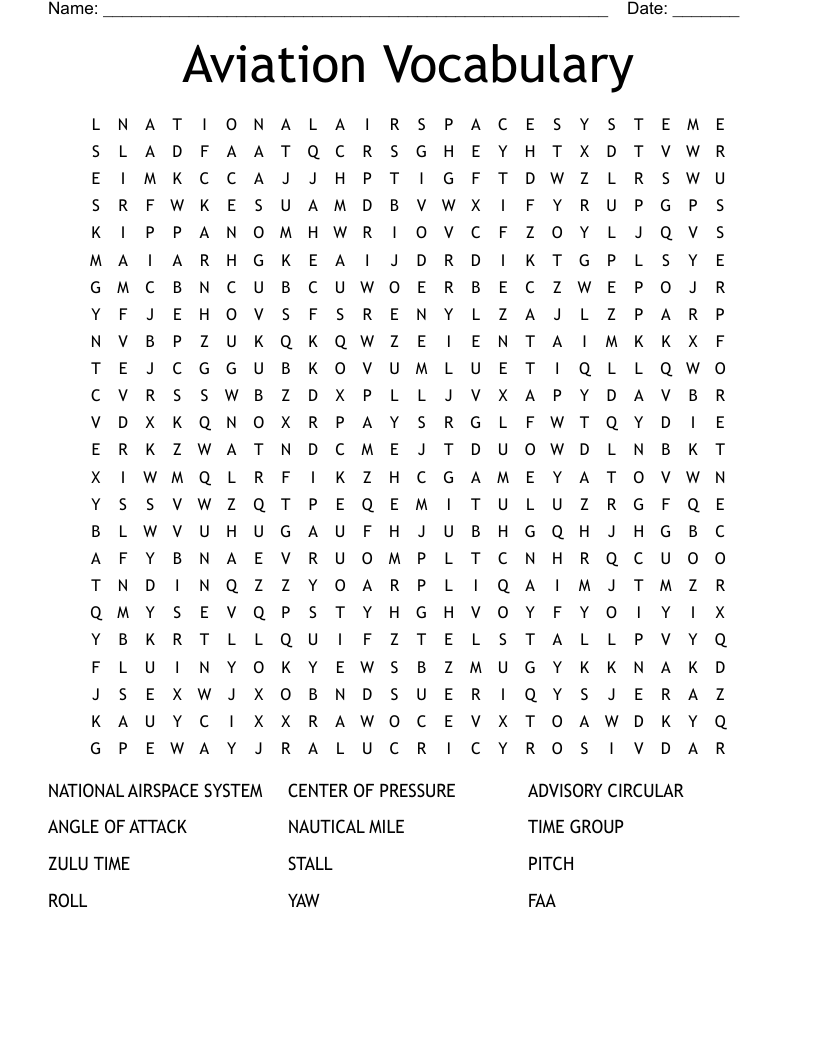 Aviation Vocabulary Word Search