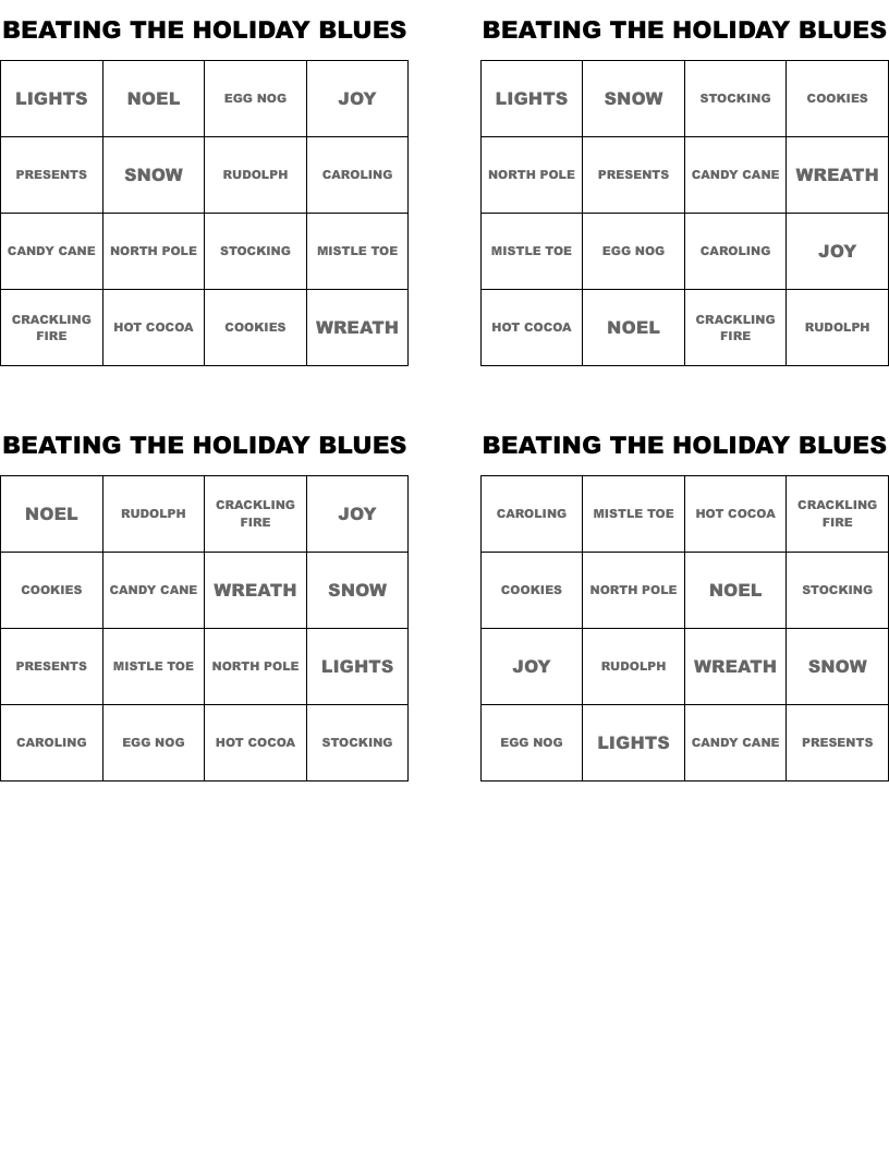 BEATING THE HOLIDAY BLUES Bingo Cards