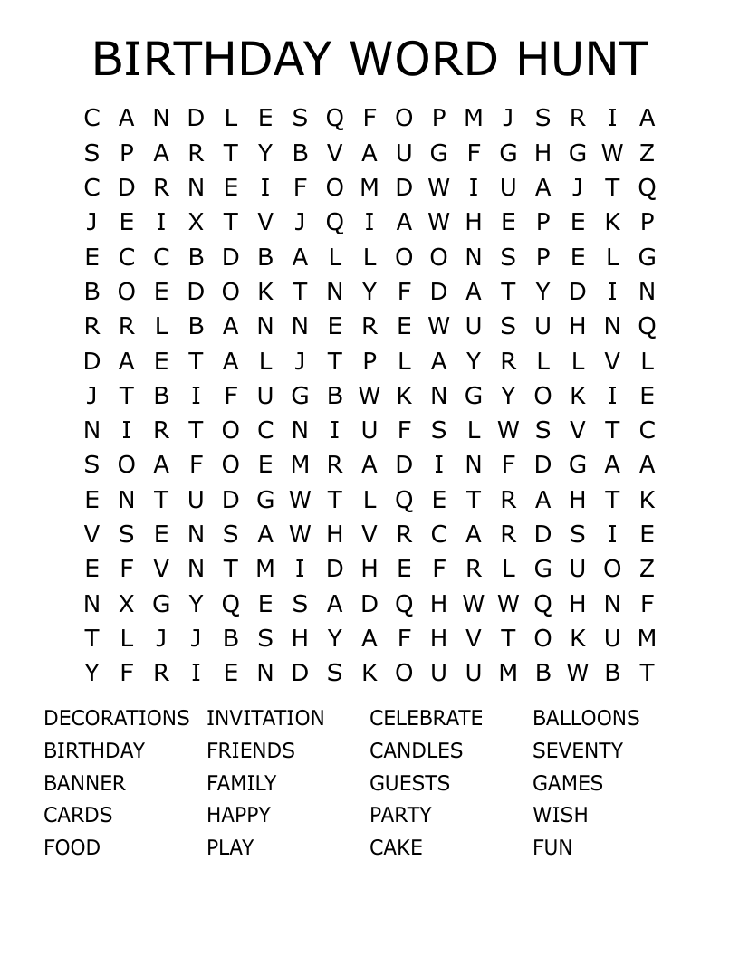 BIRTHDAY WORD HUNT Word Search