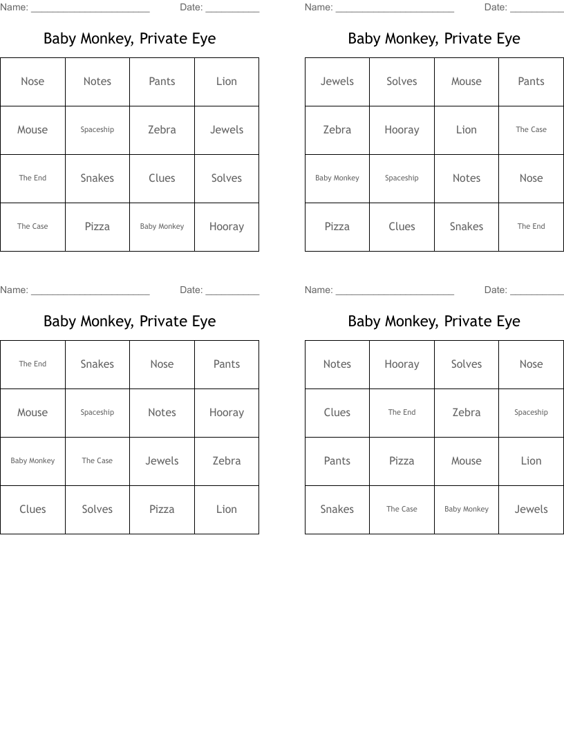 Baby Monkey, Private Eye Bingo Cards