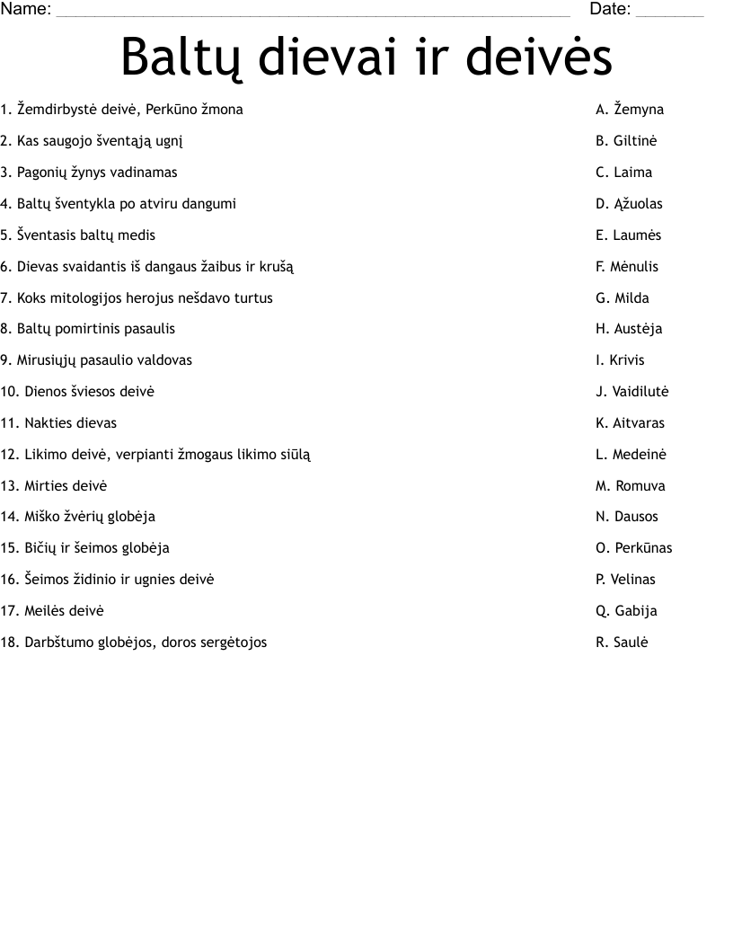 Baltų dievai ir deivės  Worksheet