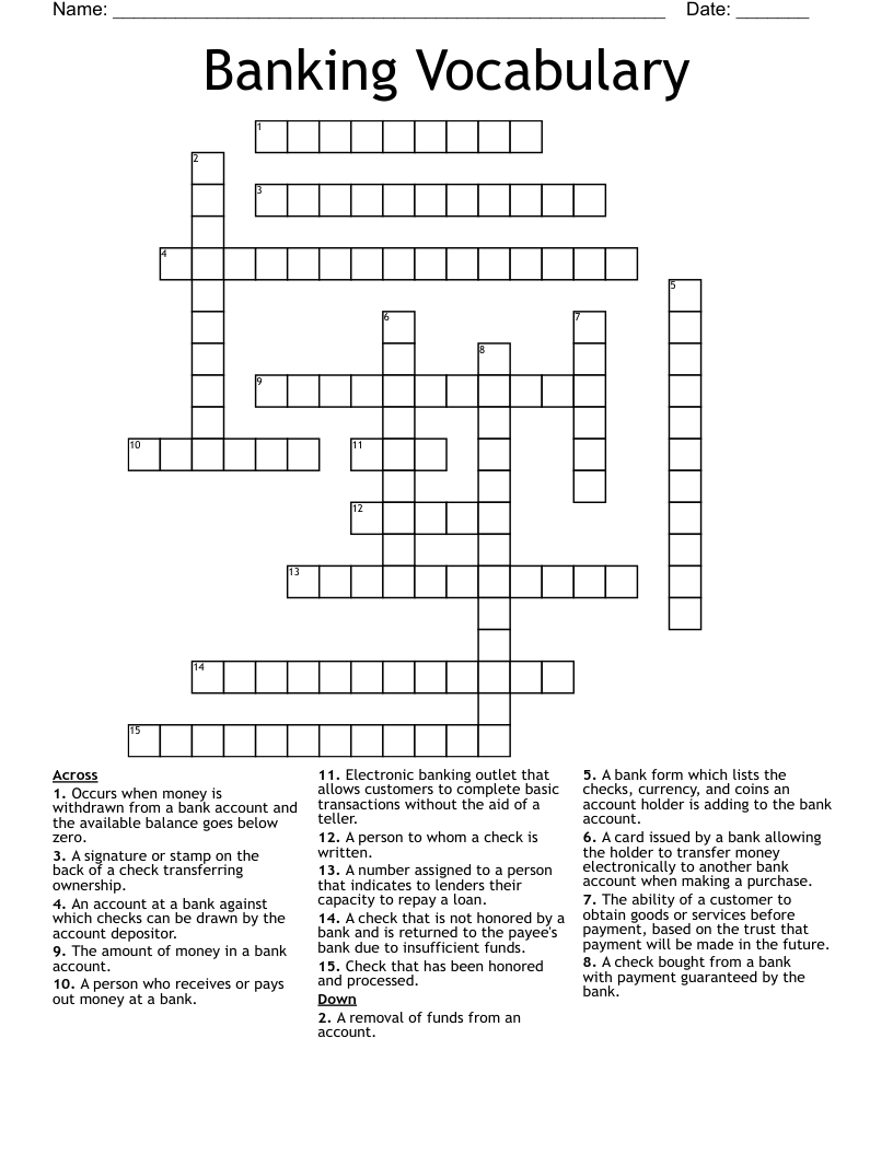 Banking Vocabulary Crossword