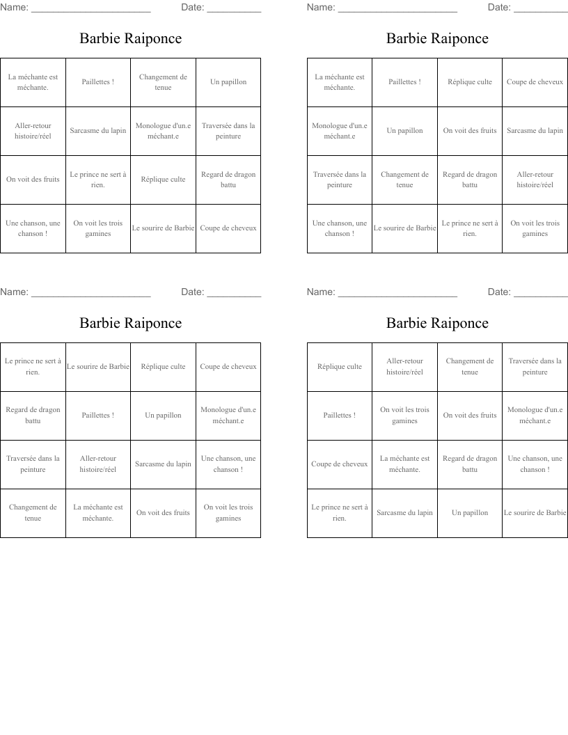 Barbie Raiponce Bingo Cards