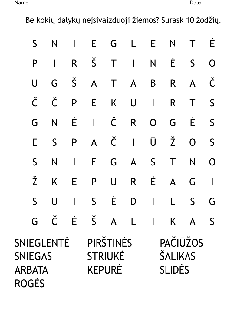 Be kokių dalykų neįsivaizduoji žiemos? Surask 10 žodžių. Word Search