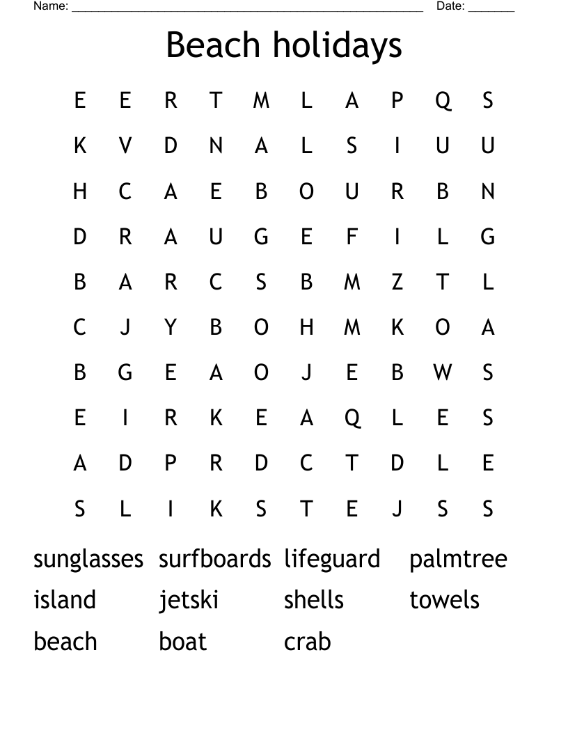 Beach holidays Word Search