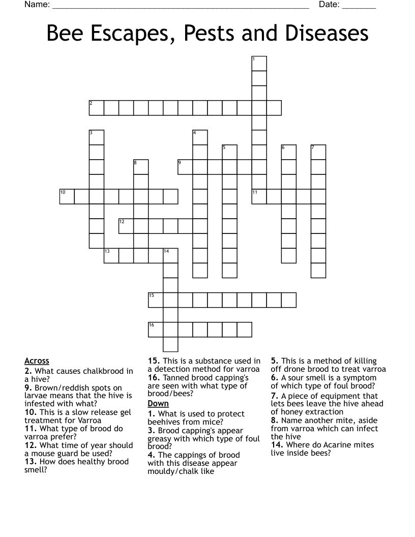 Bee Escapes, Pests and Diseases  Crossword