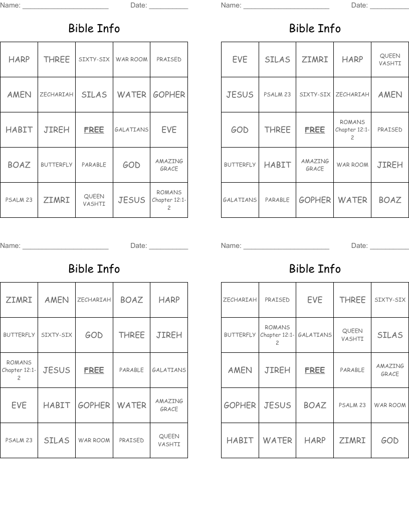 Bible Info Bingo Cards