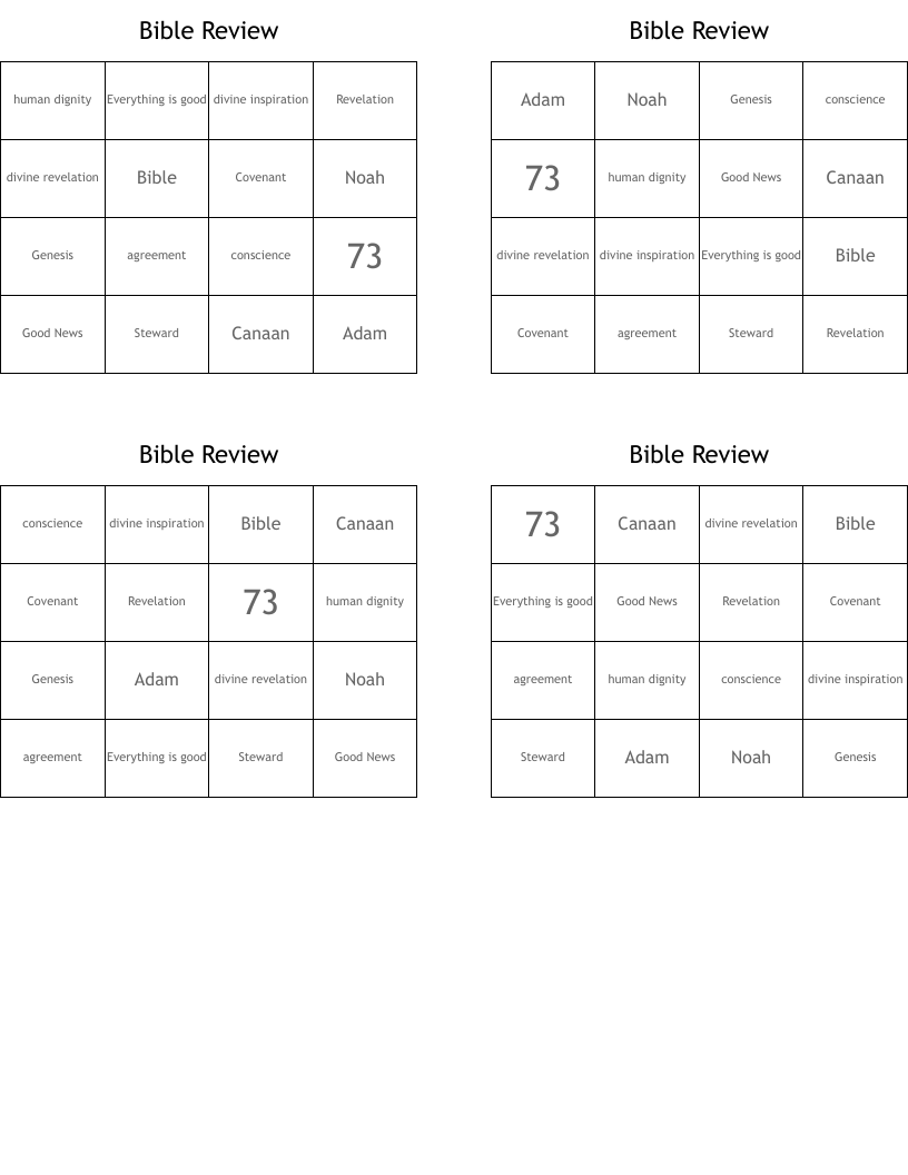 Bible Review Bingo Cards