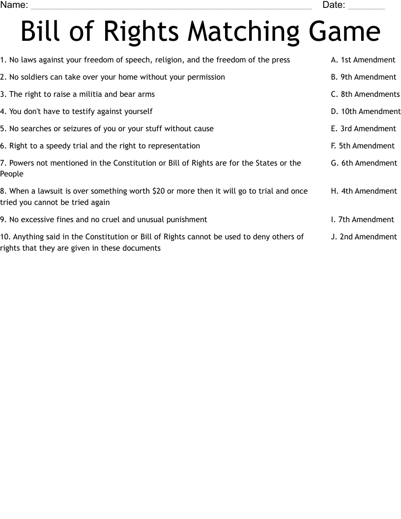 Bill of Rights Matching Game Worksheet
