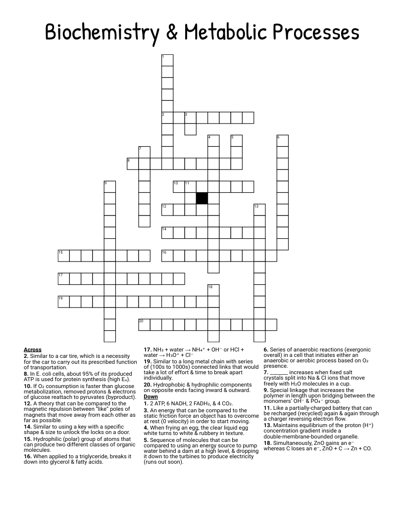 Biochemistry & Metabolic Processes  Crossword