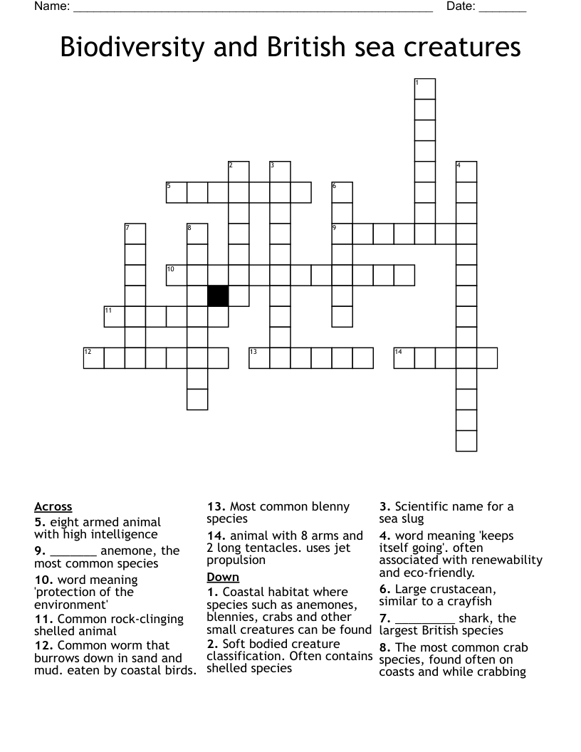 Biodiversity and British sea creatures Crossword