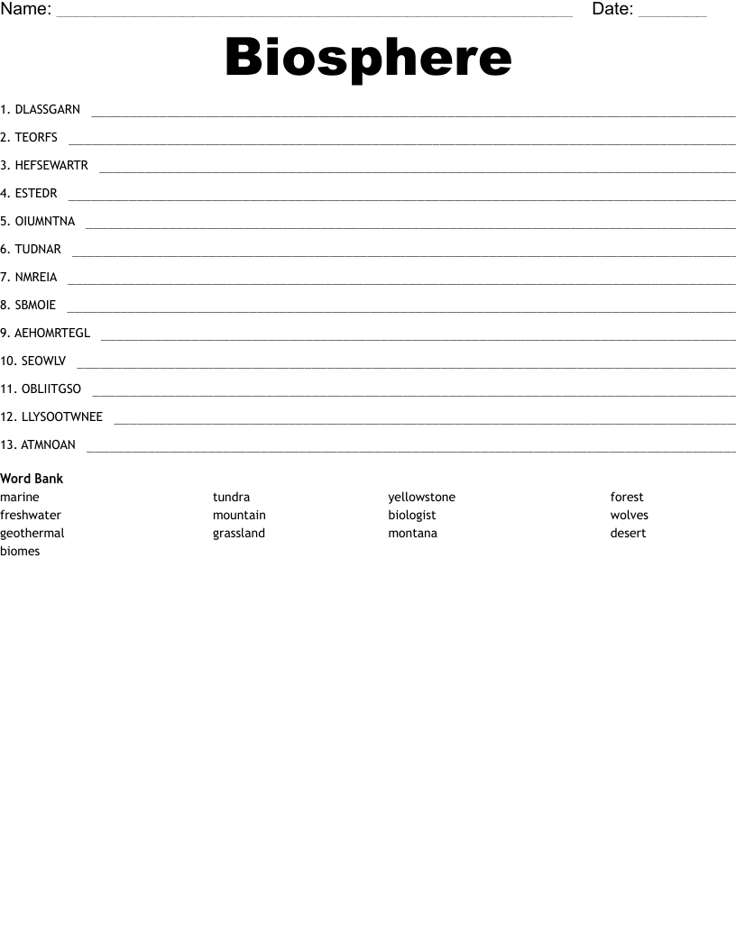 Biosphere Word Scramble