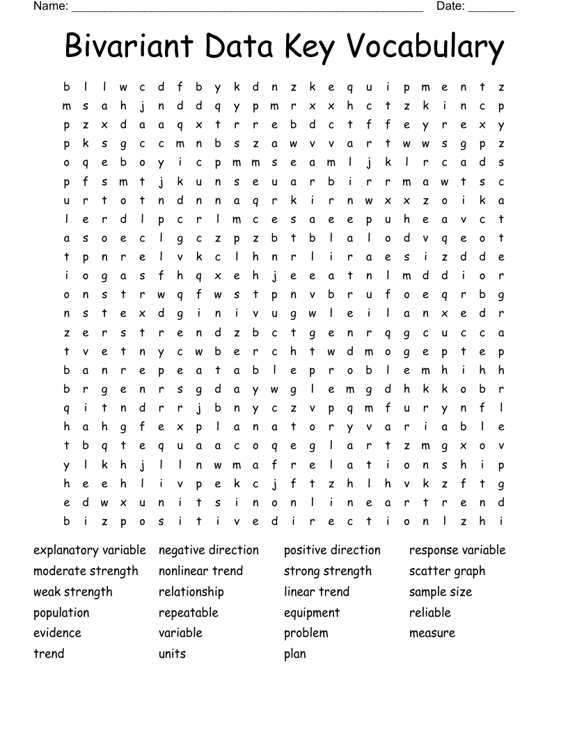 Bivariant Data Key Vocabulary  Word Search