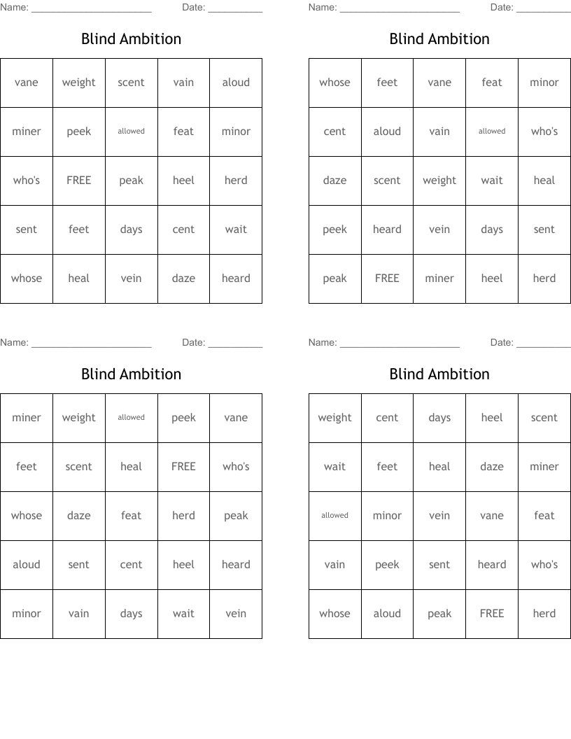 Blind Ambition Bingo Cards