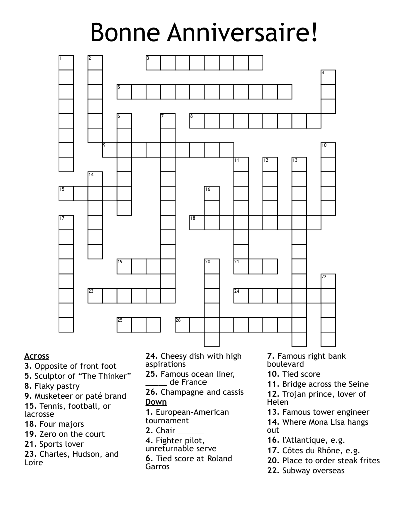 Bonne Anniversaire! Crossword