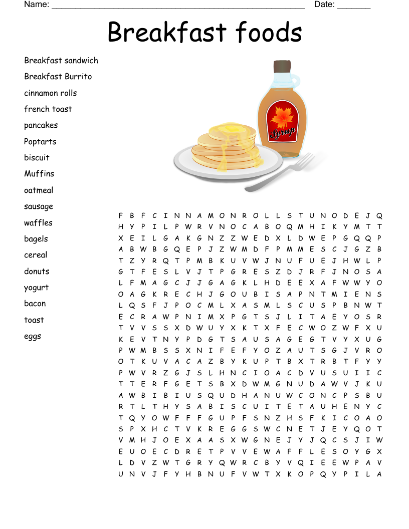 Breakfast foods Word Search
