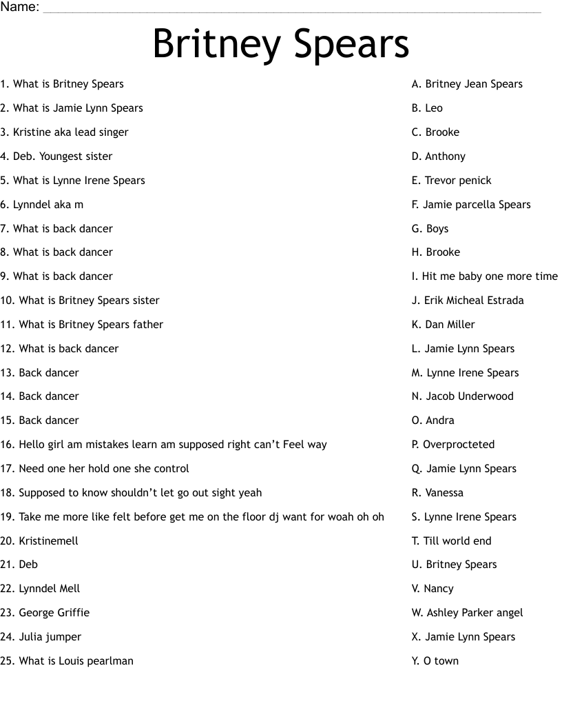 Britney Spears Worksheet