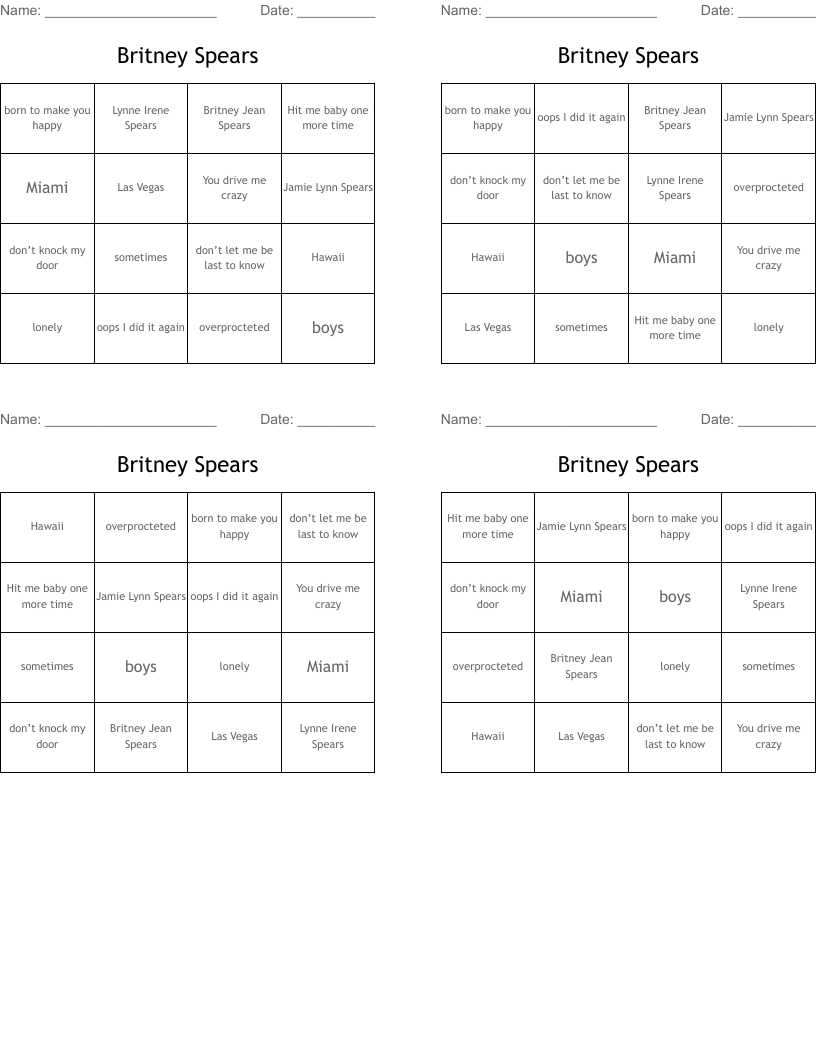 Britney  Spears Bingo Cards