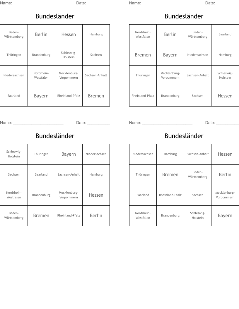 Bundesländer Bingo Cards
