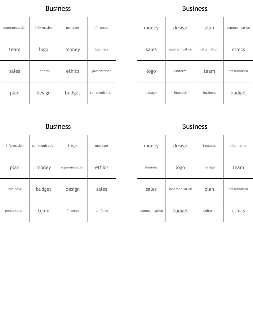 Business Bingo Cards
