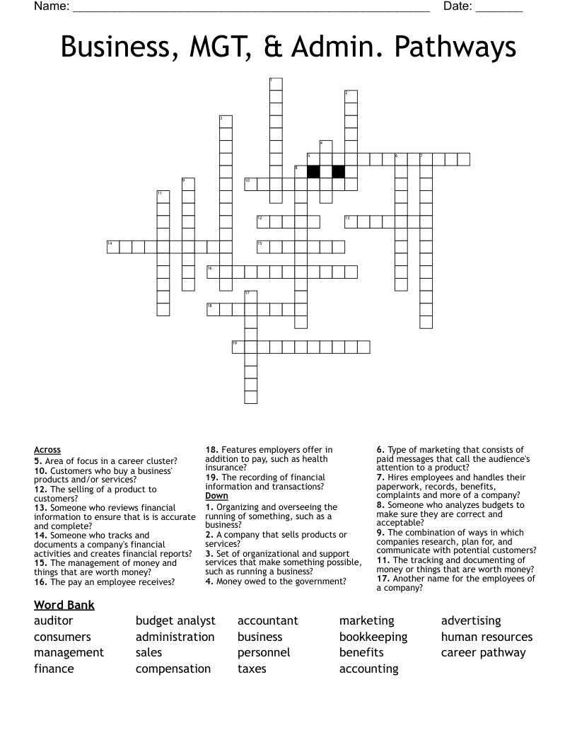 Business, MGT, & Admin. Pathways Crossword