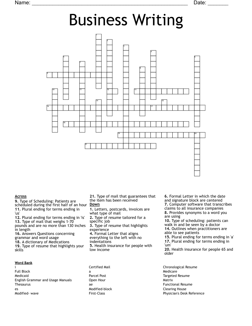 Business Writing Crossword