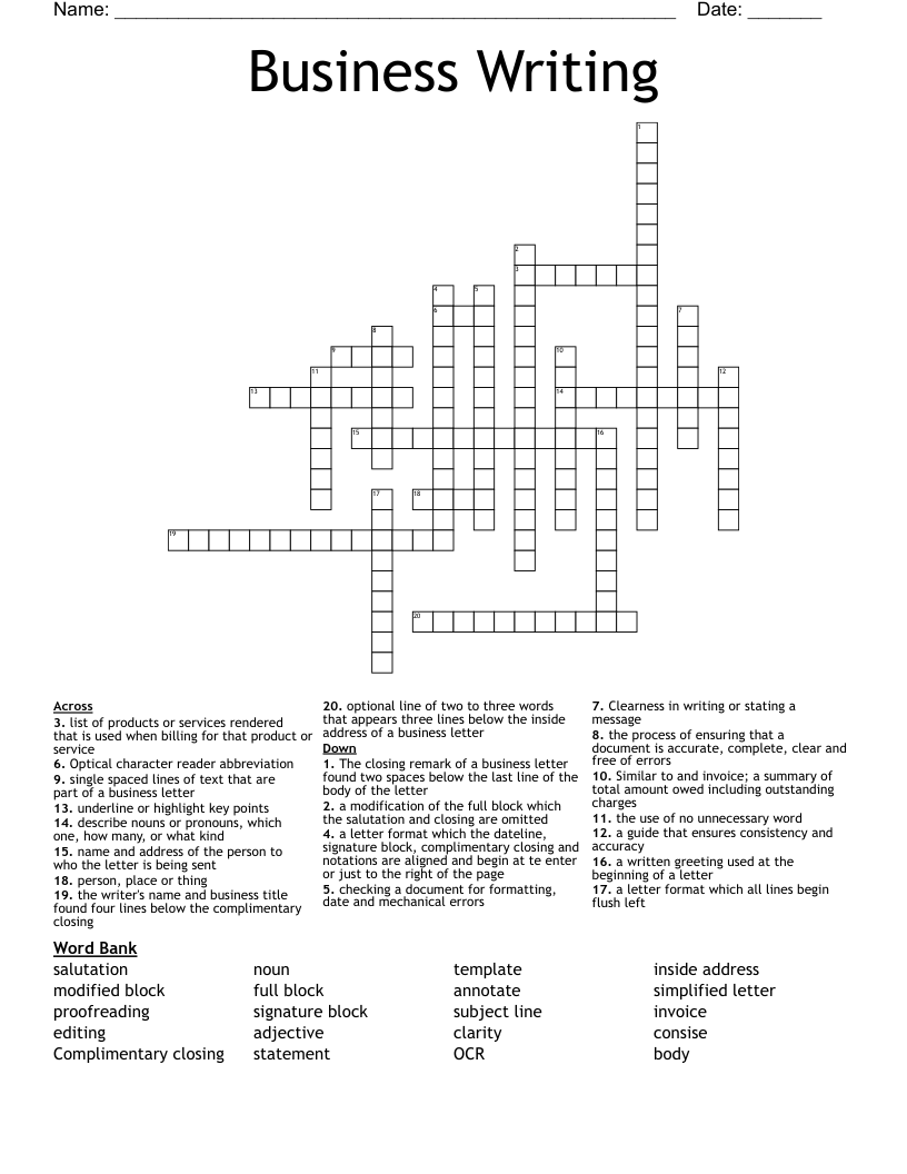 Business Writing Crossword