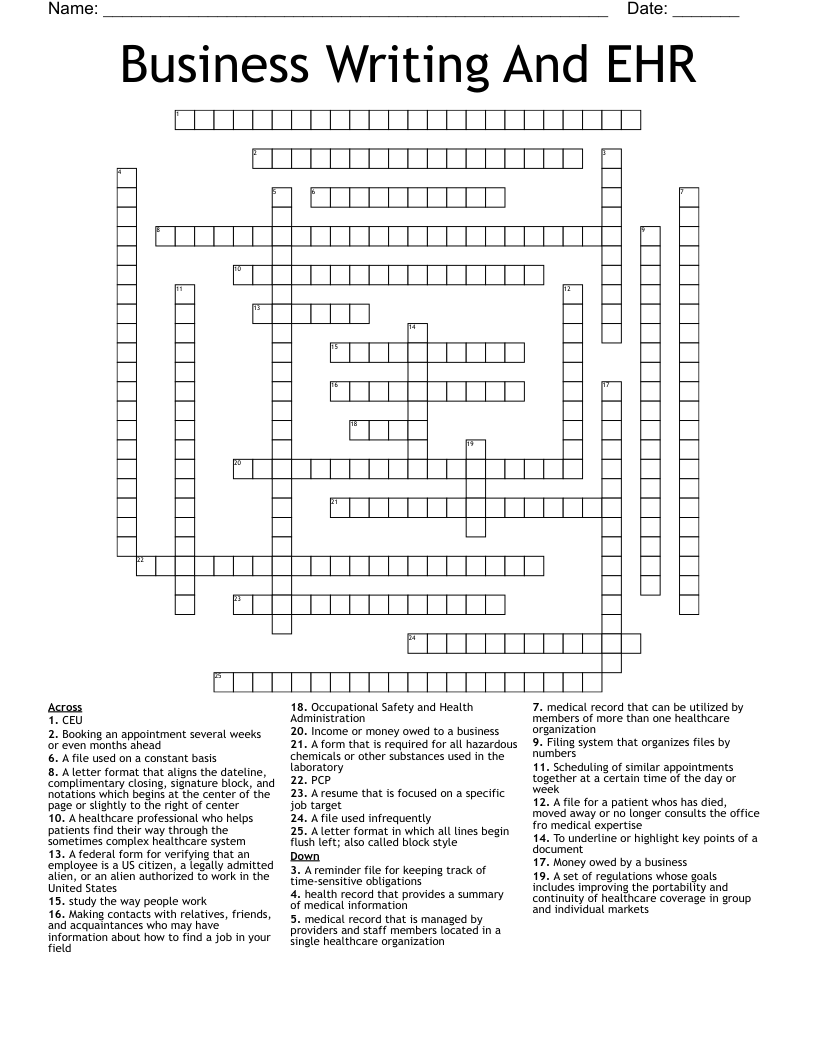 Business Writing And EHR Crossword
