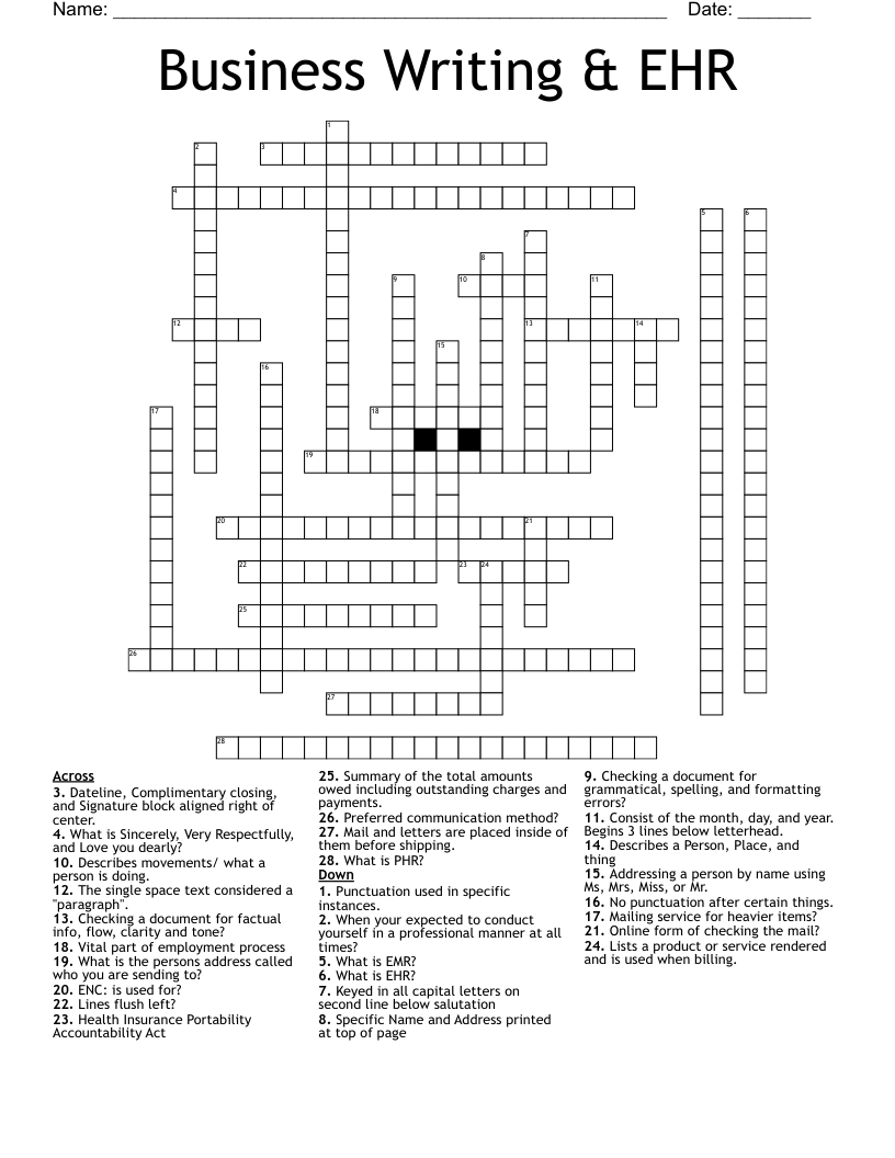 Business Writing & EHR Crossword