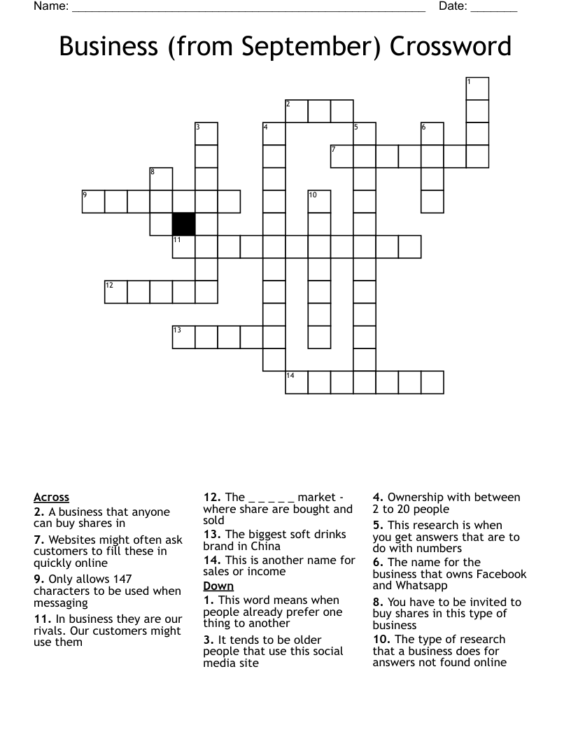 Business (from September) Crossword