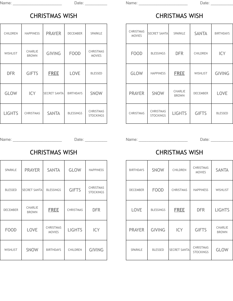 CHRISTMAS WISH Bingo Cards