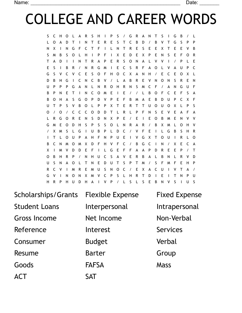 COLLEGE AND CAREER WORDS Word Search