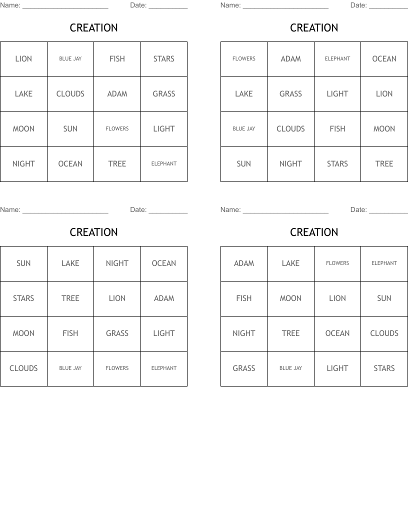 CREATION Bingo Cards