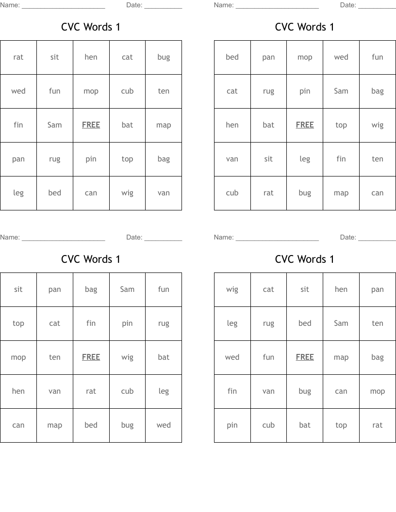 CVC Words 1 Bingo Cards