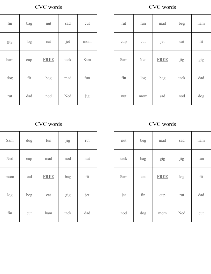 CVC words Bingo Cards