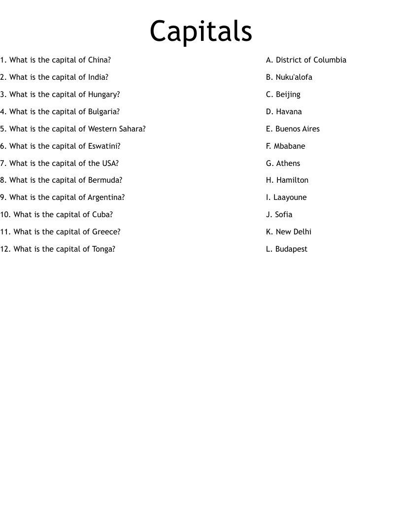 Capitals Worksheet