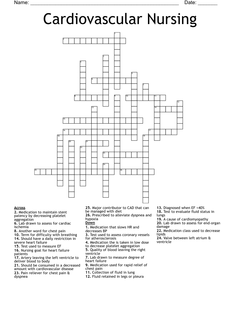 Cardiovascular Nursing Crossword